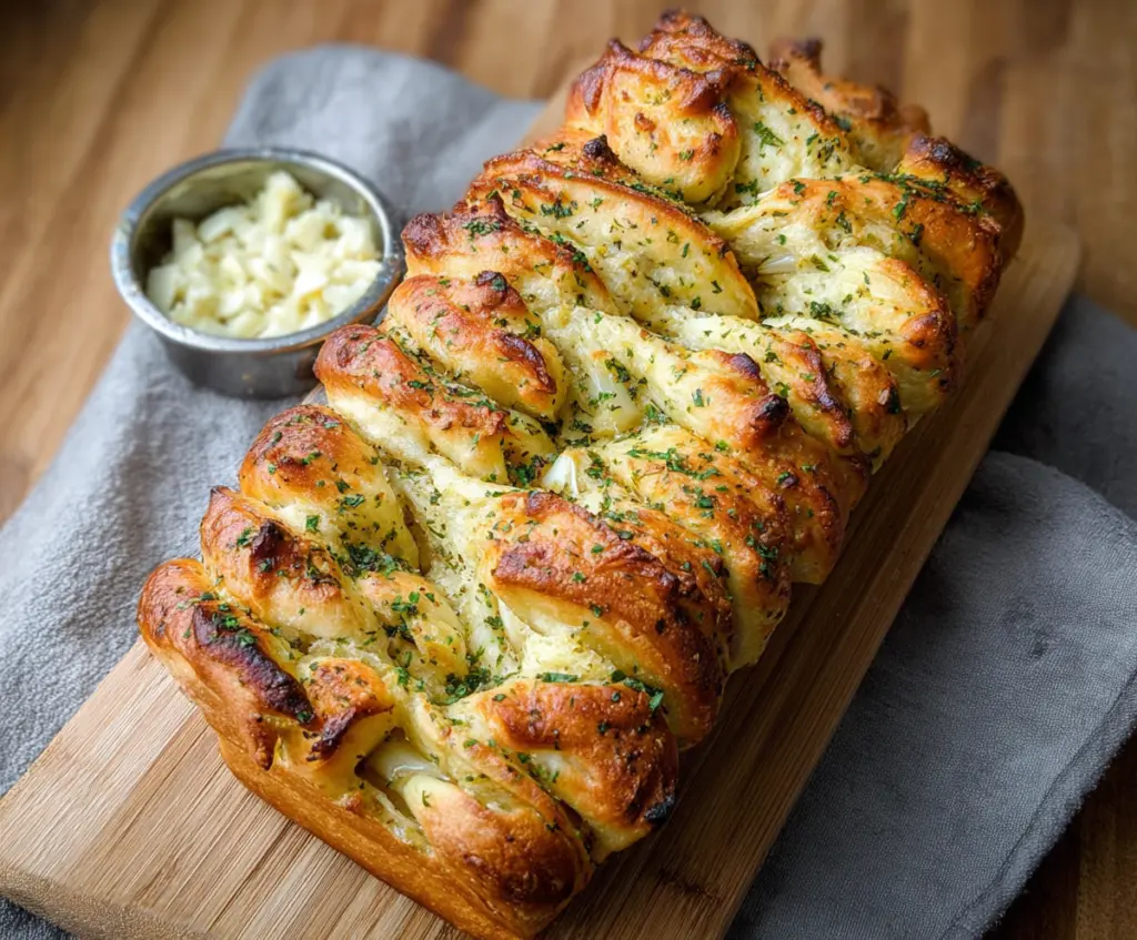 Delicious sourdough discard garlic pull apart bread with golden crust and garlic butter layers.