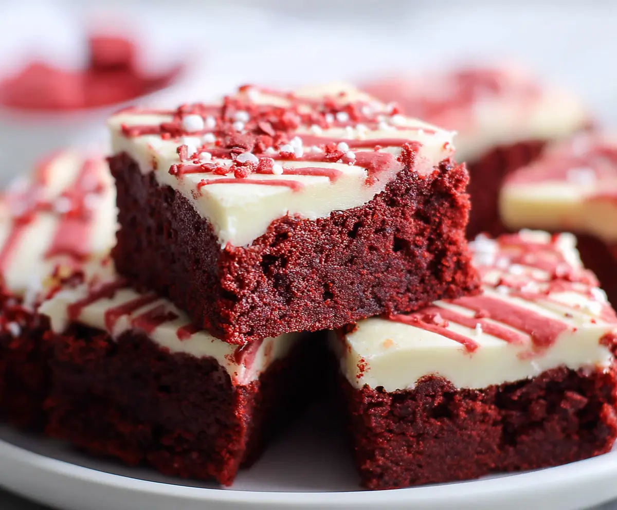 Rich and fudgy red velvet brownies topped with chocolate for Valentines desserts.