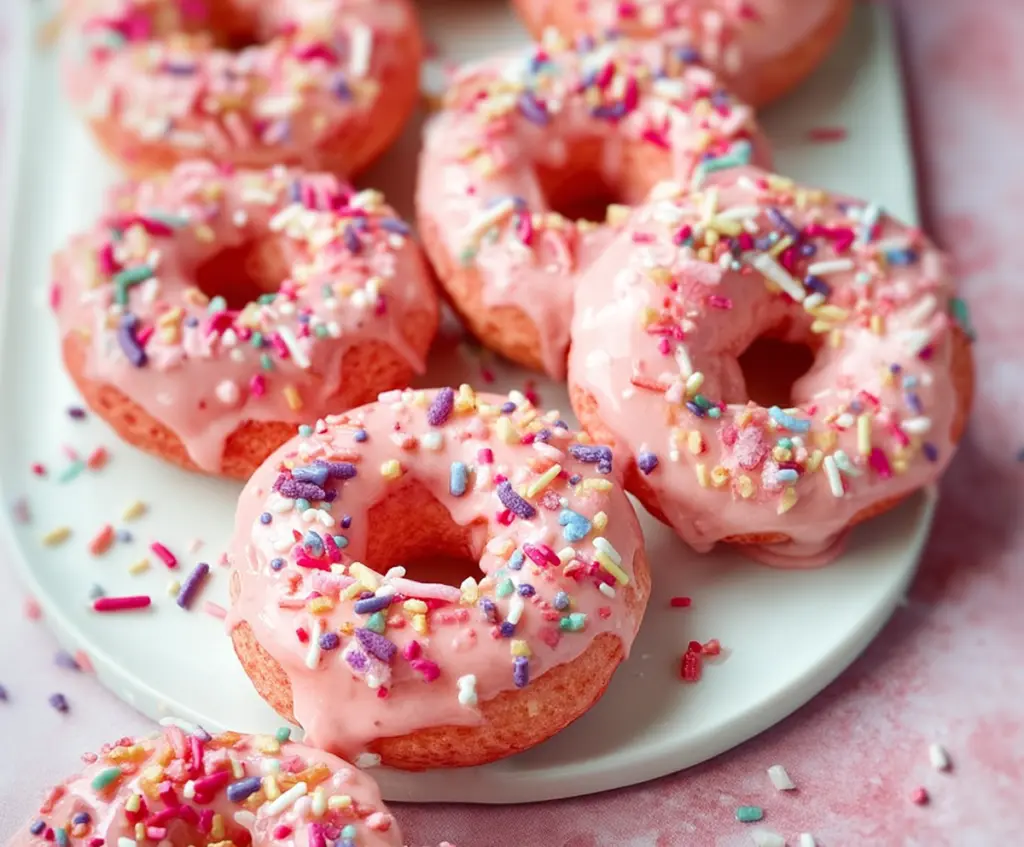 Delicious Valentine's Day donuts topped with fresh strawberries and pink icing for a sweet celebration.