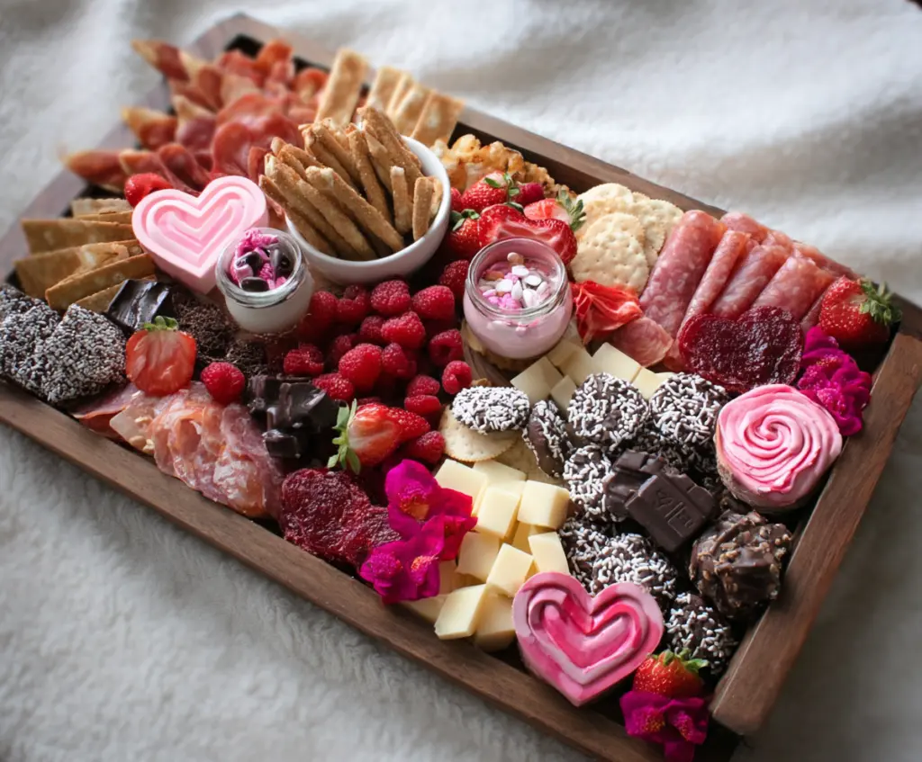 Romantic Valentine's Day charcuterie board with cheeses, meats, fruits, and chocolates for a festive celebration